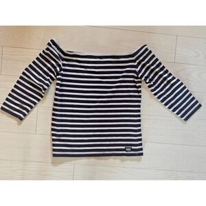 Superdry Layer Off The Shoulder Striped‎ Top XL Blue White Boat Neck 3/4 Sleeve